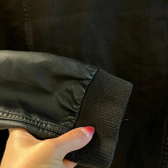 Men’s Black Denim Jacket with Faux Leather sleeves - Picture 10 of 12